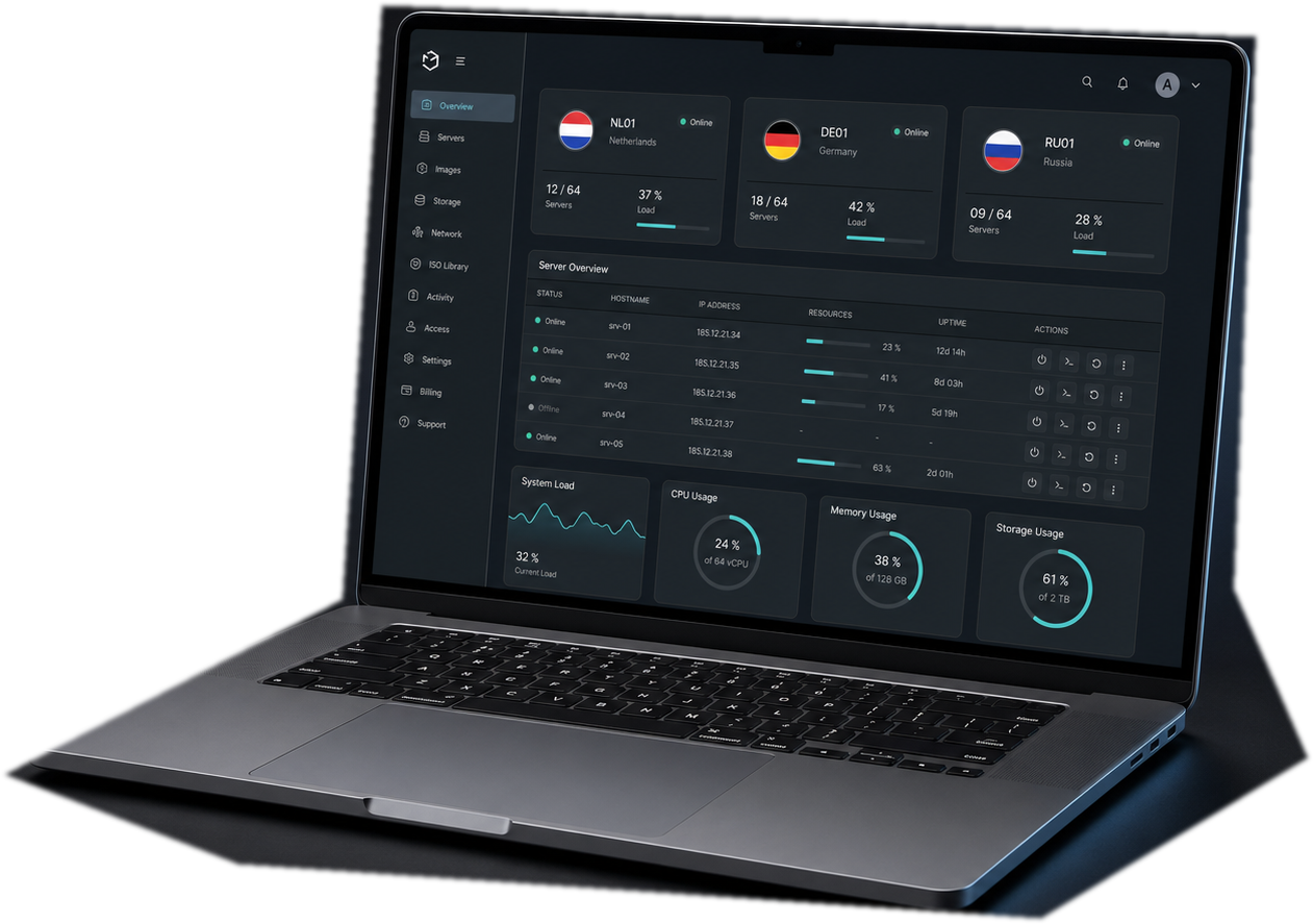 Макбук с панелью INFINITY HOST: продукты, статусы и три локации